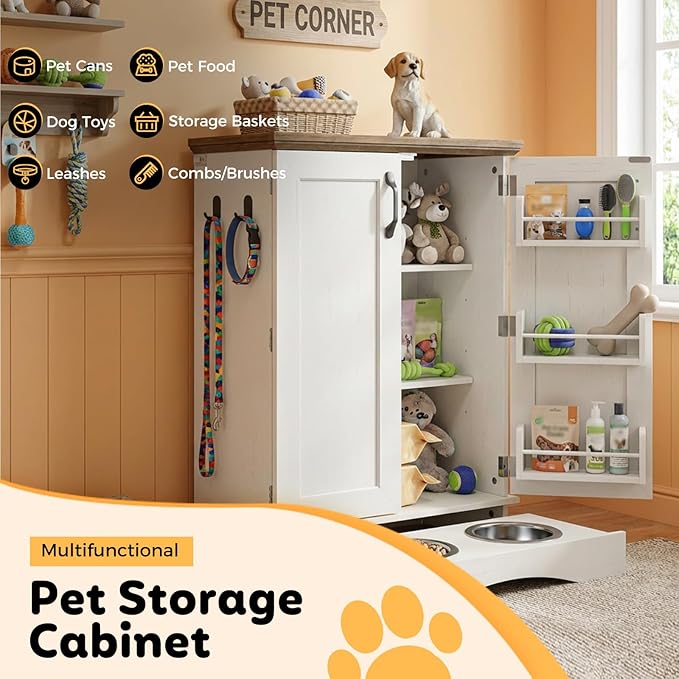 Pet Food Storage Cabinet with Bowls, Dog Food Feeding Station with Storage, Dog Food Cabinet with Adjustable Shelves, Hooks, Letter Stickers, Pet Organizer and Storage for Cat/Dog, White&Oak