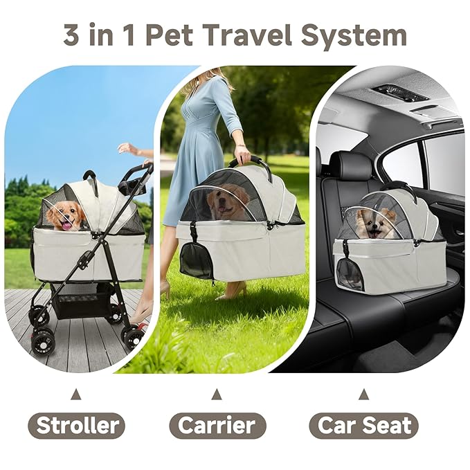 Pet Stroller for Small Dogs and Cats with 4 Wheels, Foldable Portable Dog Stroller with Detachable Carrier, Sun Shades, Storage Basket & Cup Holder, Up to 33 lbs