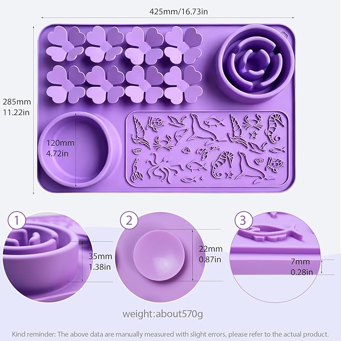 Silicone Snuffle Mat for Dogs and Cats 4 in 1 Purple - Dog Lick Mat with Slow Feeder Bowl - Reusable Pads for Pets with Suction Cups, Puzzle Toys for Bored Puppy, Collapsible Dog Water Bowl