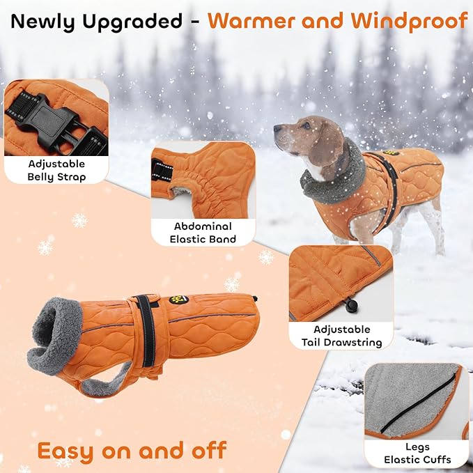Dog Winter Coat, Adjustable Quilted Dog Snow Jacket with Fleece Lining, Water Resistant Pet Apparel for Cold Weather, Warm Large Doggie Coat with Leash Hole and Reflective Strip, NewOrange L