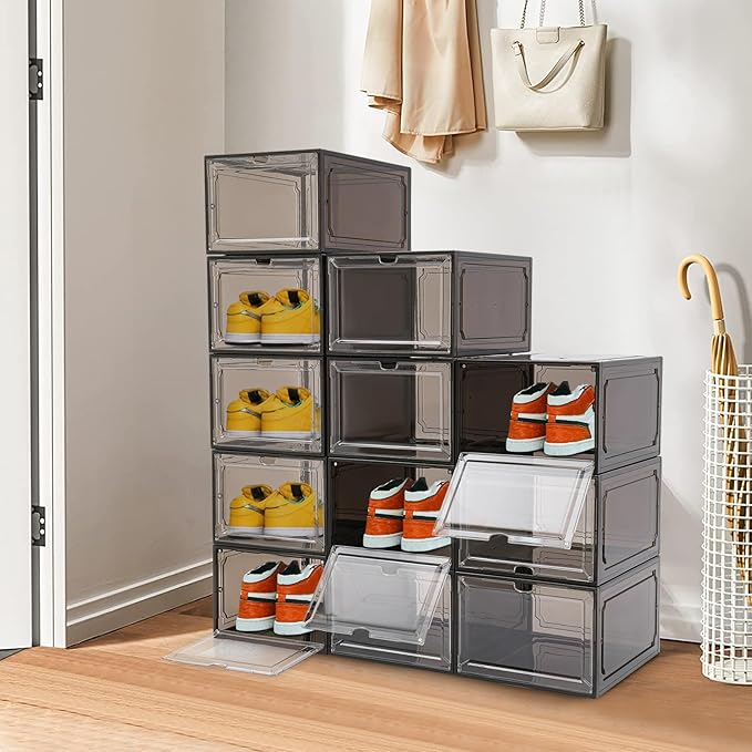 12 Pack Black Brown Shoe Boxs, Acrylic Shoe Storage Box W/ Magnetic Door, Front Door Opening, Stackable Shoe Container, Multifunctional Sneaker Organizer, Acrylic Shoe Display Case 10.63*13.58*7.48in