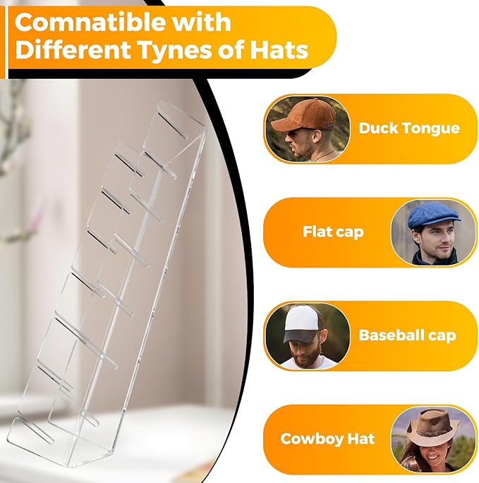 Clear Acrylic Hat Stand for Baseball Caps – 28-Cap Easy Setup Organizer for Bedroom, Closet, Dresser, Countertop, Display and Storage for Baseball Caps, Sports Hats, and Collectibles (4-Pack)