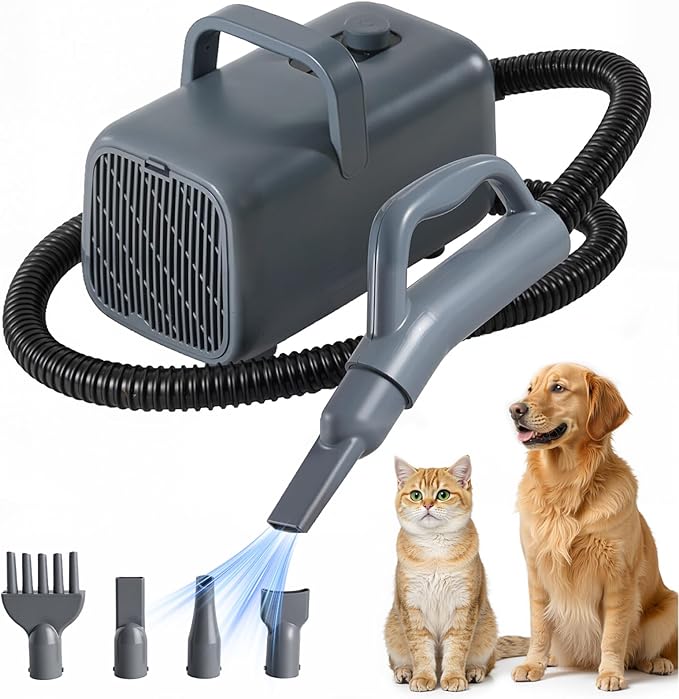 Dog Hair Dryer, Grooming Heat 1550W High Velocity Pet Blow Dryer, Speed Temperature Adjustable Dog Blower Grooming Dryer with 4 Nozzles