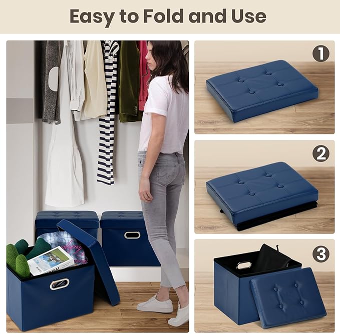 COSYLAND Storage Ottoman 17x13x13in Leather Ottoman Rectangle Footrest Footstool Folding Ottoman for Room Dorm Small Collapsible Bench Seat Organizer Entryway Furniture with Handles Lid Royal Blue