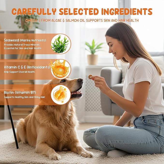 Omega 3 Fish Oil 90 Soft Chews for Dogs with Algae Omega-3, Salmon Oil, Kelp & Biotin | Skin & Coat Support, Comfort for Itchy Skin & Immune Support