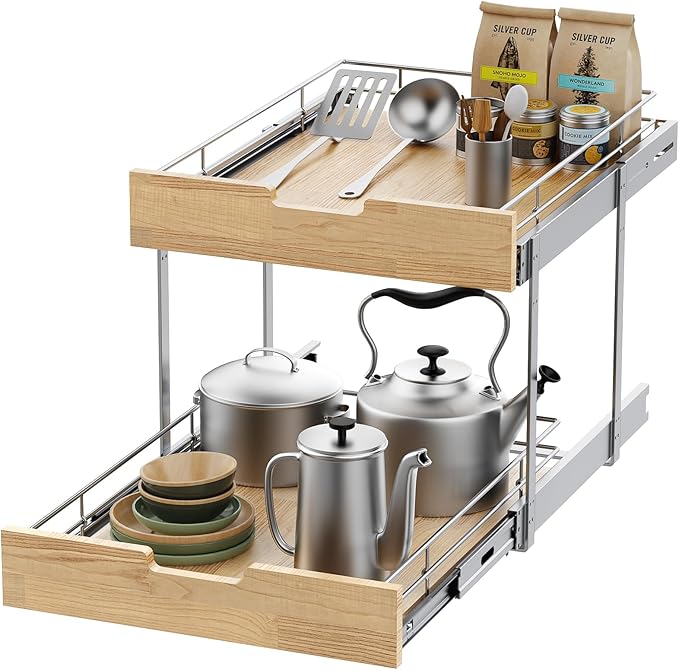 Pull Out Cabinet Organizer,Heavy-Duty Slide Out Shelf, Wood and Wire Basket, Pull Out Drawer for for Kitchen Under Sink Space, Pantry, Bathroom, 2 Tie 26 * 21 in