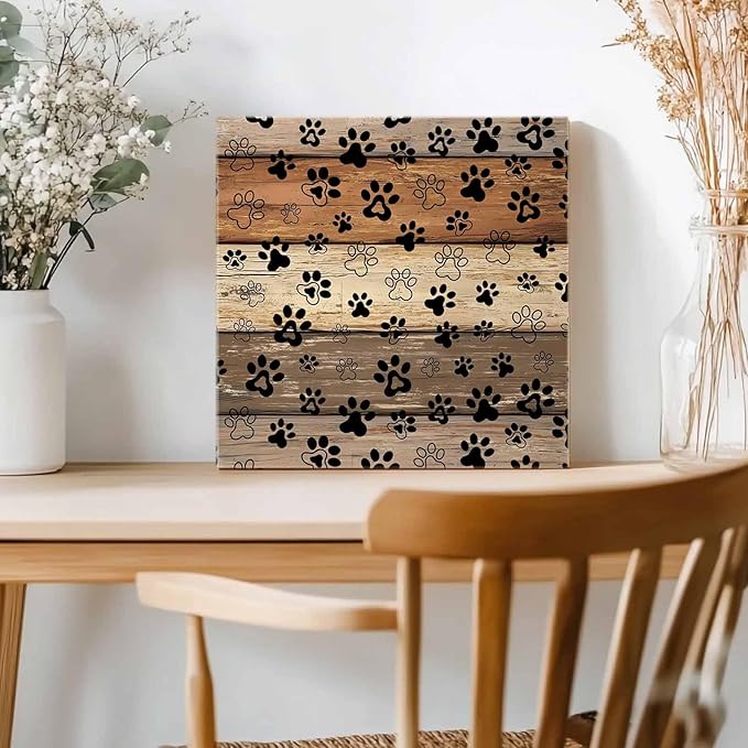 Framed Canvas Wall Art for Living Room Dog Paw Print Wall Decor, Retro Brown Wood Grain Aesthetic Paintings for Bedroom Office Kitchen Bathroom, Ready to Hang Artwork Wall Pictures 12x12 Inch