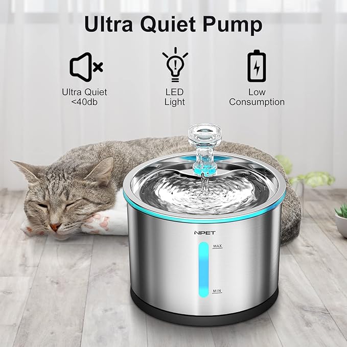 NPET WF210 Cat Water Fountain Stainless Steel, 50oz/1.5L Dishwasher-Safe Pet Water Fountain Ultra Quiet Automatic Cat Water Dispenser with Light for Cats Inside (4 Filters+Fountain(with Adapter))
