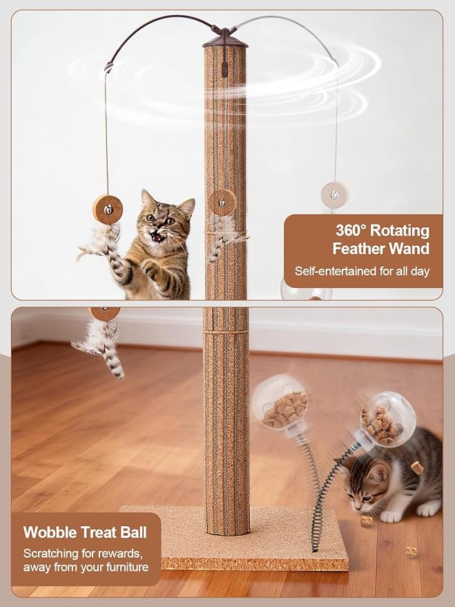 Kitten Claw Friendly Scratching Post Cork & Cardboard Mix Indoor 26" Premium Durable Nature Kittens Scratch Post Tree with Snack Ball & Feather Interactive Toys for Novice Cat Owner