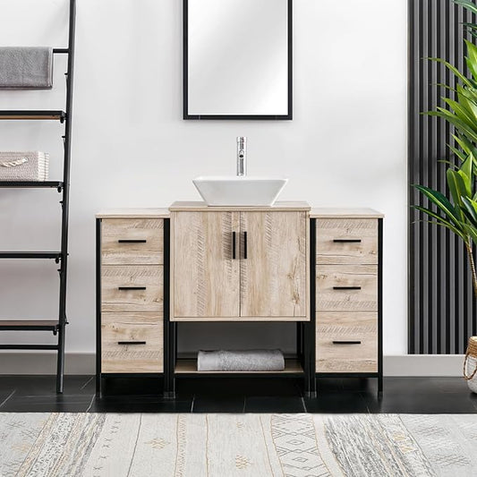 eclife 48" Bathroom Vanity Sink Combo Modern Metal Stand Cabinet W/Bottom Shelf & Storage Side Cabinets White Square Vessel Sink & Water Save Faucet & Pop Up Drain, Oak (A07)