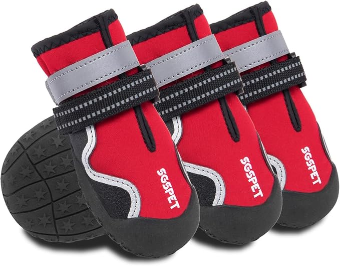 Dog Shoes, Waterproof Dog Boots & Paw Protectors with Anti-Slip Sole, 4pcs/Set Pet Dog Booties, Reflective Dog Shoes for Small Medium Large, Winter Snowy Summer Hot Pavement (Red, 4# (S))