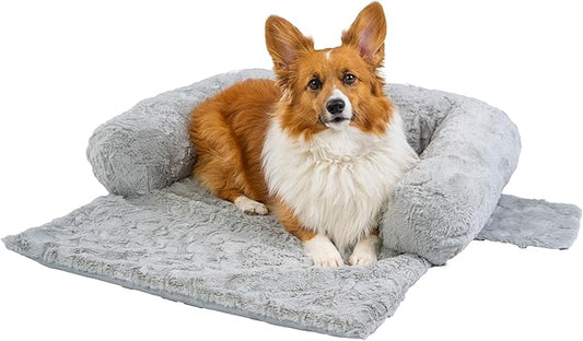 Best Friends by Sheri Calming Dog Blanket with Supportive Bolster, Machine Washable Faux Fur Pet Throw, Gray, Medium