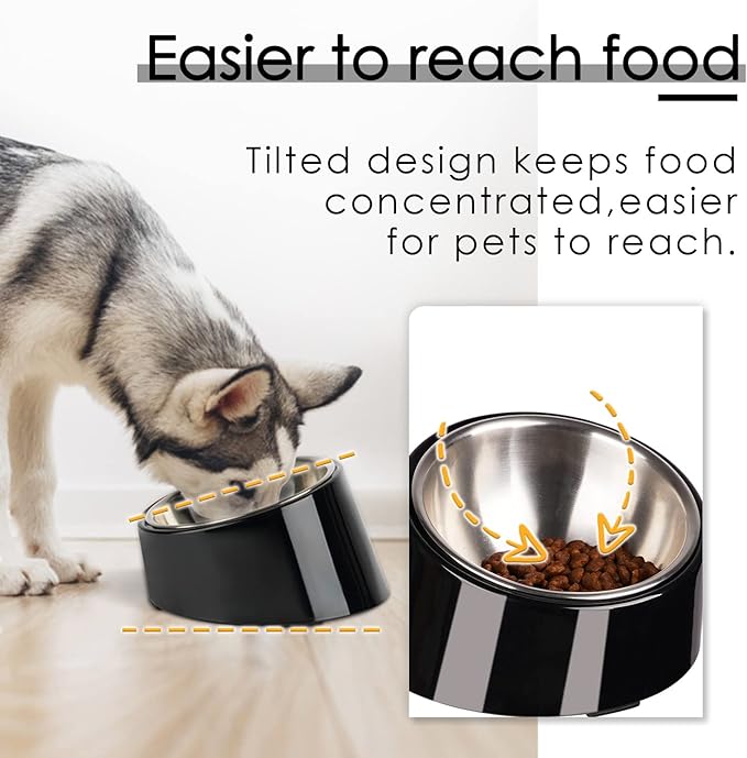 SuperDesign Small Tilted Dog Bowl for Flat-Faced Breeds, Slanted Bulldog Feeder with 2 oz / 0.5 Cup Capacity, 15° Angled Feeding Bowl for Puppies, Cats & Small Dogs, Dark Black