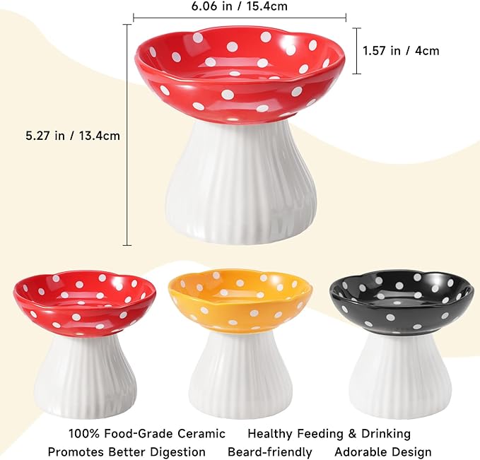 Mushroom Cat Bowl, Elevated Cat Food Bowl, Cute Bowls - Lead & Cadmium Free Ceramic, Red