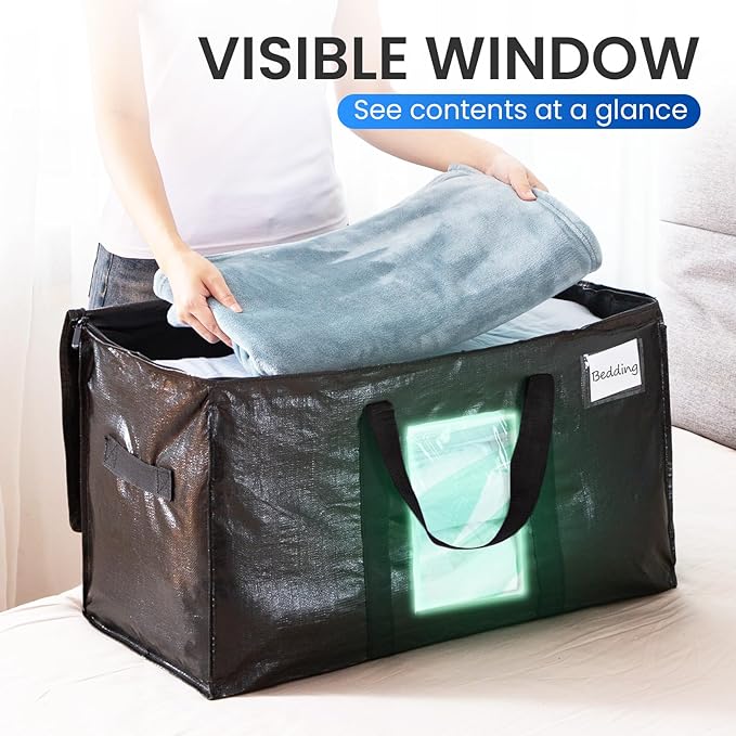 TAILI Extra Large Moving Bags, 12 Pack Black Heavy Duty Totes for Storage with Visible Window, Wrap Around Handles, Storage Bags for Space Saving, Alternative to Moving Boxes