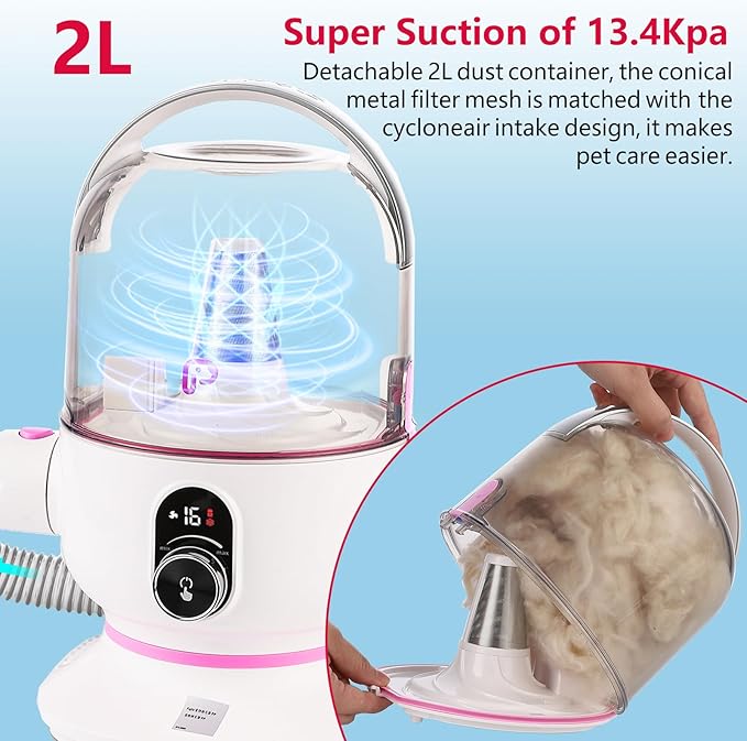 Garvee Pet Grooming Vacuum, 13.4Kpa Suction Power, 2L Large Capacity Hair Storage, 5 Professional Pet Grooming Tools for Dogs Cats, Orange/Pink