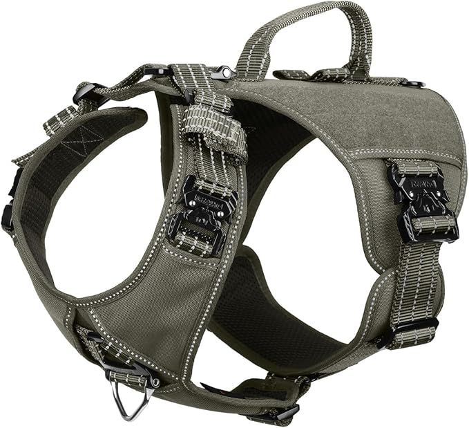 ICEFANG GN8 Tactical Dog Harness with 4X Metal Buckles for X-Large Sized Dogs,Reflective in Training Walking K9 Dog Vest,No-Pull Front Leash Clip,Adjustable Pet Harness (Green, X-Large (Pack of 1))