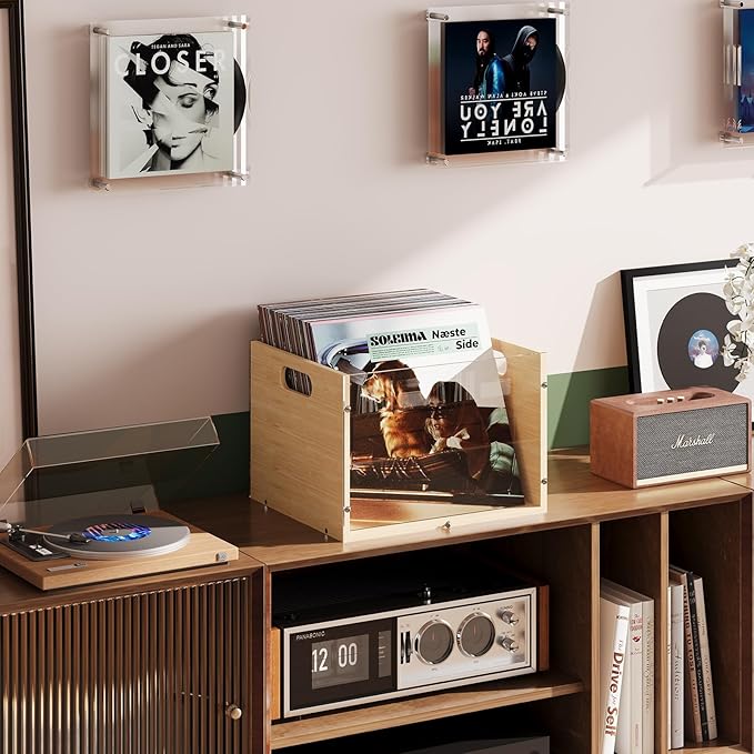 Record Album Storage Crate, Bamboo & Acrylic Vinyl Record Crate, Multifunctional Visible Record Holder Crate with Handle, Great for Storing Vinyl Record LP's/Albums Hanging Letter Size Folders Toy