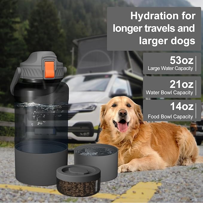 53oz Large Dog Water Bottle with Water & Food Bowl, 3-in-1 Portable Pet Feeding & Hydration Dispenser for Large Dogs & Humans, Leak-Proof Tritan Bottle for Hiking, Camping, Walking, Car Trips