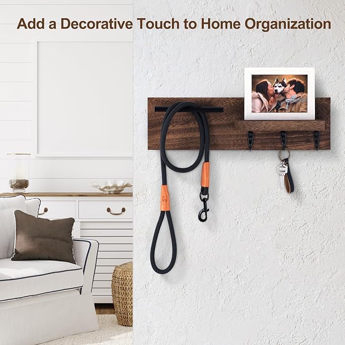 Key Holder for Wall, Decorative Entryway Shelf with Hooks Holds Keys, Dog Leash, Sunglasses – Key Hanger with 3 Hooks Organizes, Enhances Home Decor (15” x 4.5” x 2.6”) (Brown)