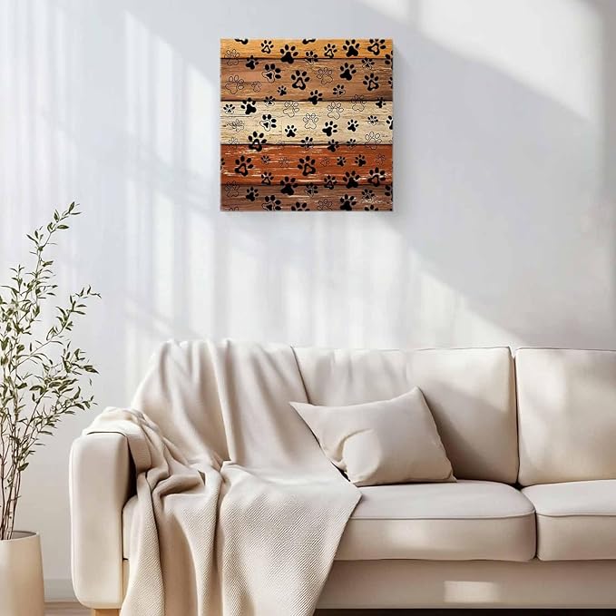 Framed Canvas Wall Art for Living Room Dog Paw Print Wall Decor, Retro Brown Orange Wood Grain Aesthetic Paintings for Bedroom Office Kitchen Bathroom, Ready to Hang Artwork Wall Pictures 12x12 Inch