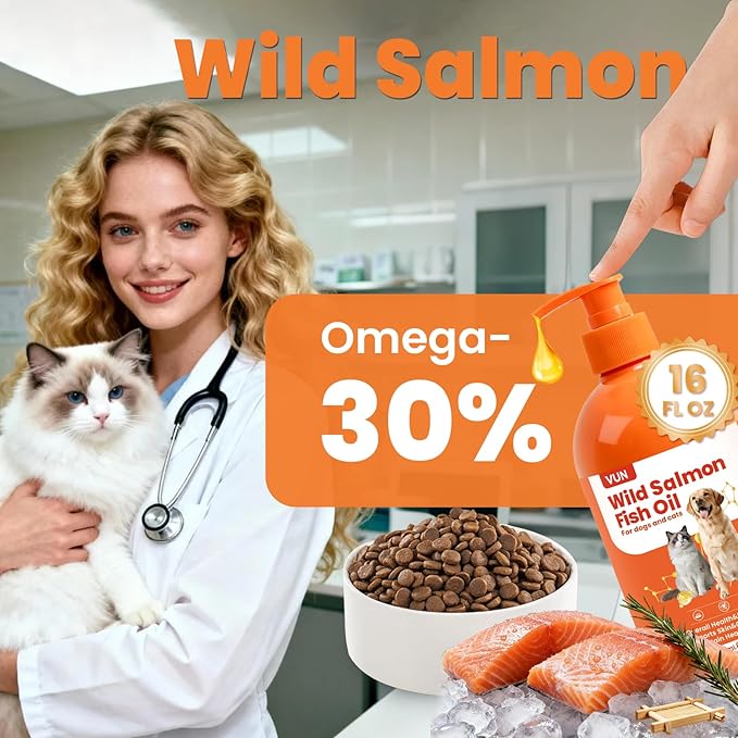 VUN Salmon Fish Oil for Dogs & Cats,Unflavored Omega 3 Oil Supplement for Itchy Dry Skin,Allergy Relief,Joints&Paws,Brain,Eyes&Heart Treatment,Wild Liquid Fish Oil by Pump with EPA DHA–16 oz