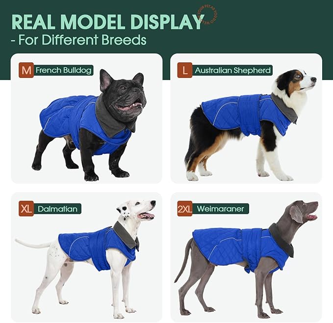 Kuoser Dog Coat, Super-Warm Dog Jacket Windproof Pet Cold Weather Coats for Extra Large Dogs, Fleece Lining Quilted Turtleneck Puppy Snowsuit Reflective Adjustable Doggie Winter Clothes, Blue, 3XL