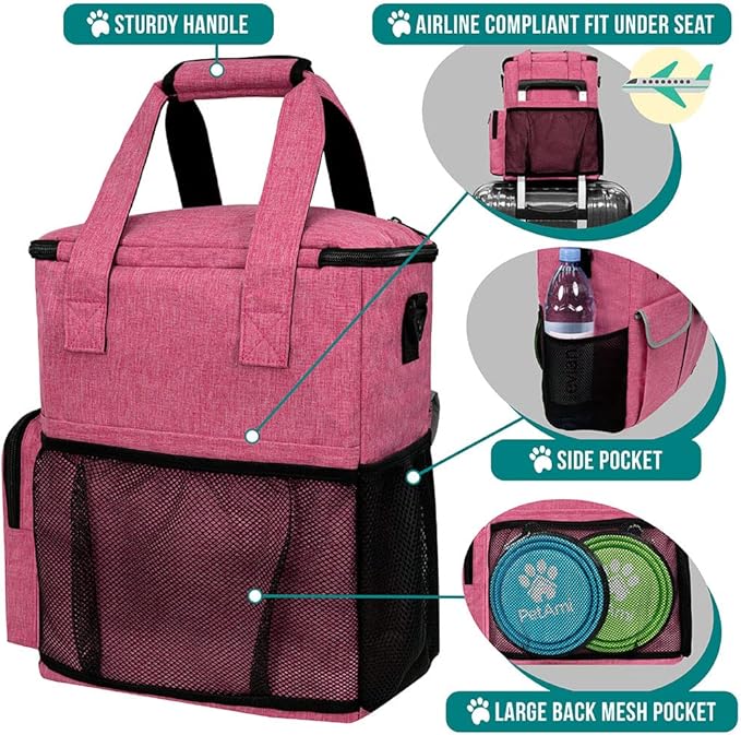 PetAmi Dog Travel Bag Pet Supplies Accessories Organizer for Traveling, Camping, Weekend; Cat Pet Travel Bag Kit Includes 2 Food Storage Containers, 2 Collapsible Bowls, 1 Feeding Mat (Pink)