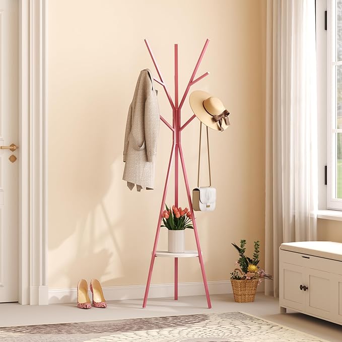 HOME BI Coat Rack Hat Stand Free Standing Display Hall Tree Metal Hat Hanger Garment Storage Holder with 9 Hooks for Clothes Hats and Scarves (Pink)