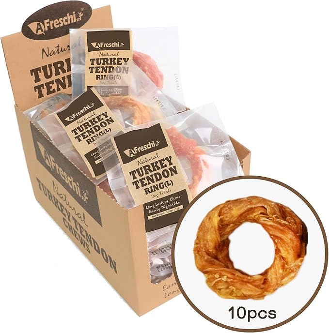 AFreschi Turkey Tendons for Dogs, USA-Sourced, Healthy Dog Treats, Rawhide-Free Puppy Chews, Long Lasting, All Natural, Hypoallergenic Dog Treats for Large Breeds, 10 Count Box Ring (L)