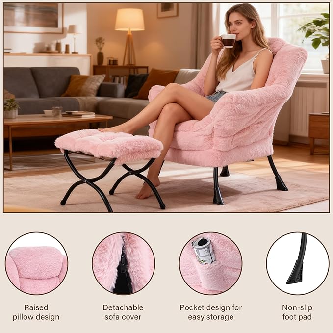 Welnow Lazy Chair with Ottoman, Modern Lounge Accent Chair with Armrests and a Side Pocket, Leisure Sofa Armchair Set, Reading Armchair with Footrest for Small Space, Plush Pink