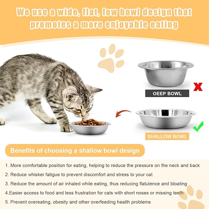 Stainless Steel Cat Bowl - Shallow Wide Flat Cats Food Bowls,Metal Kitten Dishes Whisker Friendly Fatigue Relief,Replacement Basic Kitty Plates for Elevated Stand,Dishwasher Safe（Set of 12）