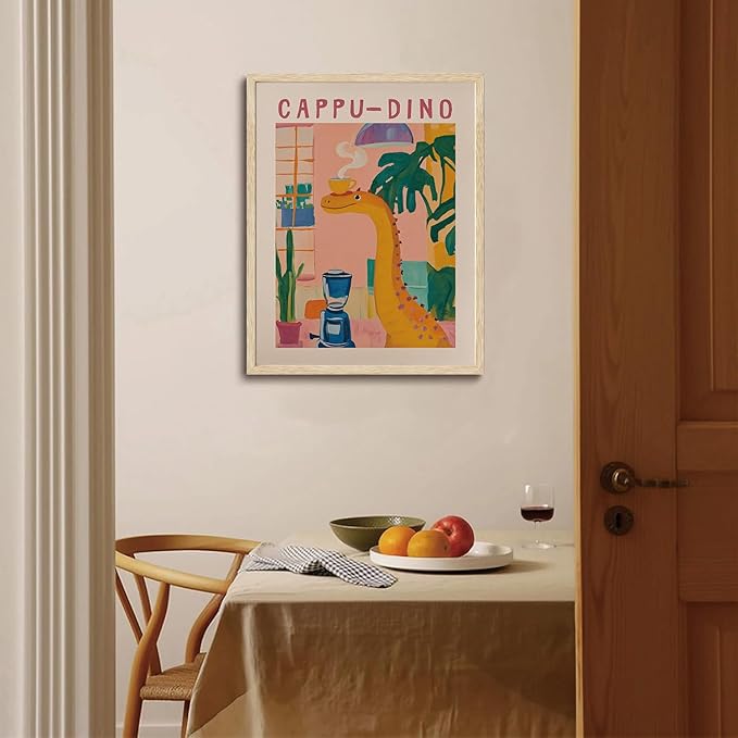 XJYISUO Framed Wall Art Trendy Coffee Wall Decor Whimsical Cappu-Dino Canvas Art Retro Dinosaur Coffee Pictures Funny Dopamine Paintings Funky Artwork For Kitchen Coffee Bar Living Room