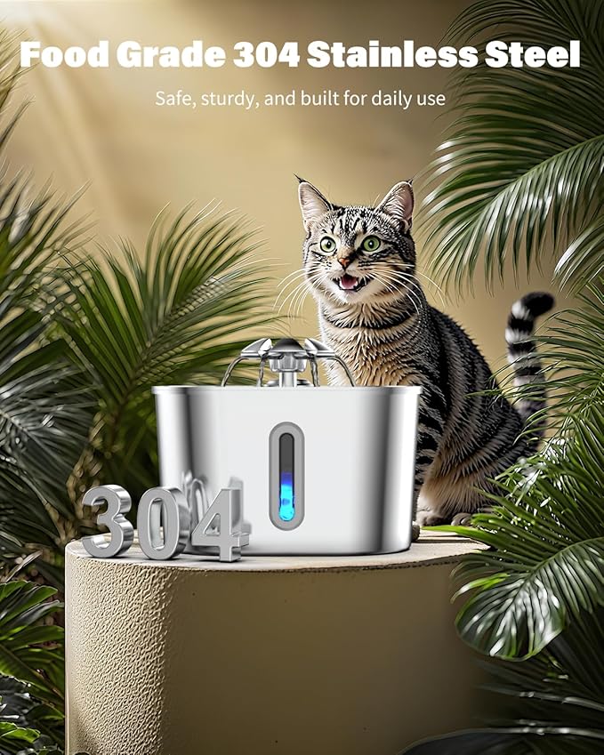 Cat Water Fountain Stainless Steel, 74oz/2.2L Automatic Quiet Cat Drinking Fountain, Indoor Water Dispenser for Cats, Circulating Pet Water Fountain