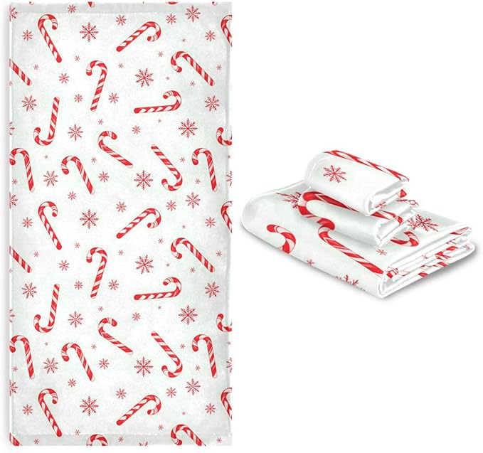 Pfrewn Christmas Winter Towels Set of 3 Red Candy Cane Snowflakes Bathroom Towel Soft Absorbent Bath Hand Towels Washcloth Guest Towel Sets Xmas Holiday Decor