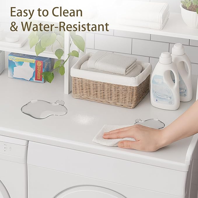 Washer and Dryer Countertop with Shelf, 2-Tier 54" x 27.5" Wood Laundry Countertop, Washer Dryer Topper with High Edge Rails and Hooks, Non-Slip Pads, Waterproof & Heat Resistant Top (White)