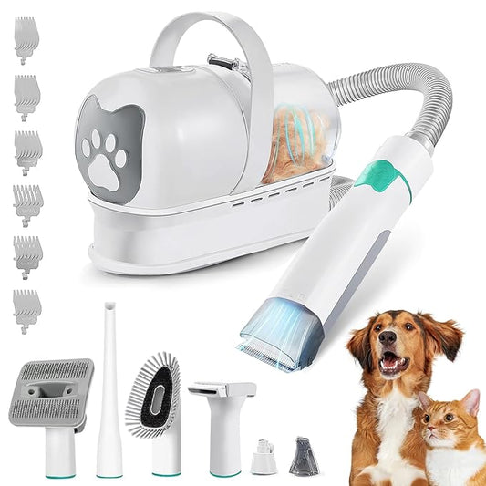 7-in-1 Ultra Quiet Dog Cat Grooming Vacuum Kit | 400W Powerful Suction, Hair Removal Tool for Shedding Pets | Professional Clippers & Deshedding Brush for All Furry Animals