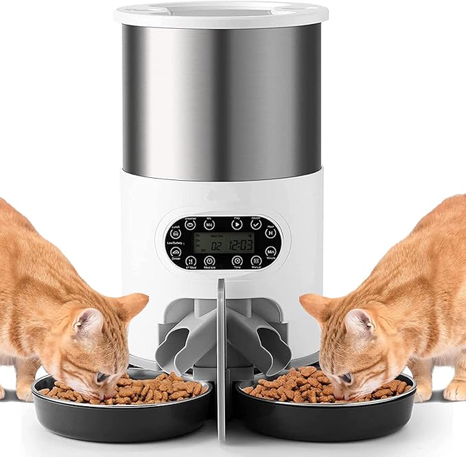Automatic Cat Feeder for Double Pet,Pet Feeder Food Dispenser 3L/4.5L for Cat & Small Dog with Splitter & Double Bowls, Programmable 1-4 Meals Per Day & Dual Power Supply & Voice Recorder