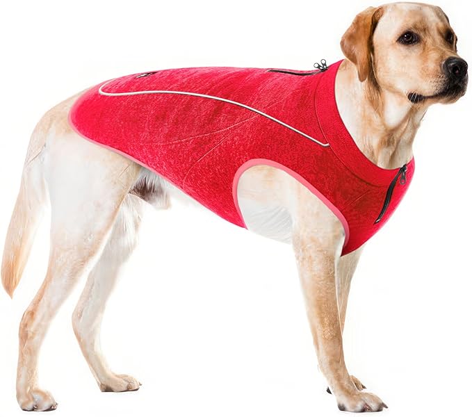 Insulated Fleece Sweater for Dogs | Lightweight Warm Dog Vest | Zipper Port for Harness | Cold Weather Winter Jacket | Rain Snow Repellant Coat | Adjustable for Small Medium Large Girl Dogs (Red/L)