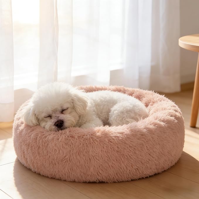 SAVFOX 23 inches Calming Donut Dog Bed - 3X Durable Plush Faux Fur, Machine Washable & Non-Slip, Fits up to 25 lbs, Pink