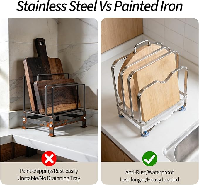 Stainless Steel Cutting Board Organizer Rack with Draining Tray, 3 Slots Kitchen Countertop Holder for Pot Lids, Heavy Duty Anti-Slip Stand for Thick & Thin Boards, Rustproof Storage