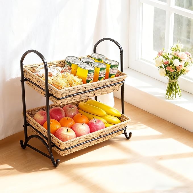 2-Tier Plastic Rattan Wicker Storage Basket with Metal Frame, Countertop Organizer Shelf for Kitchen, Bathroom, Pantry, Fruit, Vegetables, Snacks, Toiletries|Coffee Capsule, Coke,Can Rack