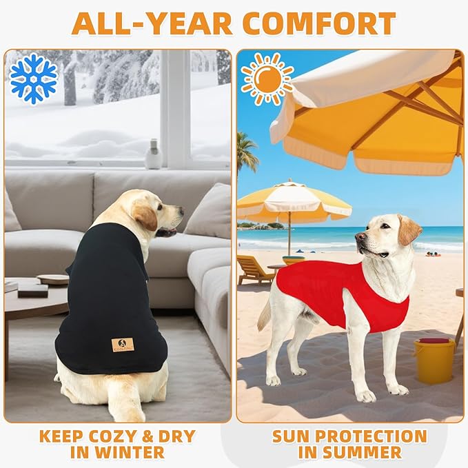 KOOLTAIL Dog Clothes for Large Dogs Boy Girl, 2 Pack Cotton Winter Warm Dog T Shirts Coats for Outdoor, UV & Insect Protection Anti-Hair Loss & Lightweight Pet Vest Tank Tops Apparel, Black&Red, 3XL
