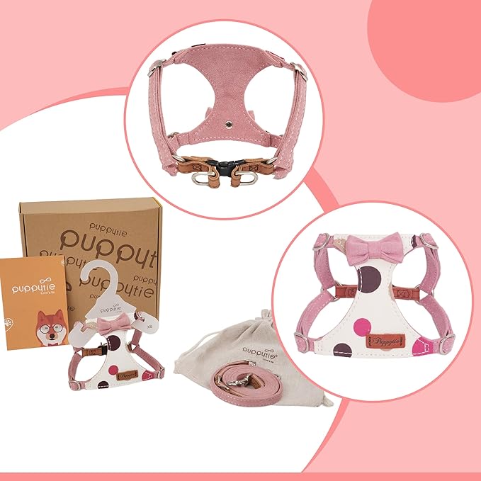 Puppytie No Pull Dog Harness with Multifunction Dog Leash,Soft Adjustable No Choke Escape Proof Pet Harness Vest for Medium Dogs,Polka dots Pink,M