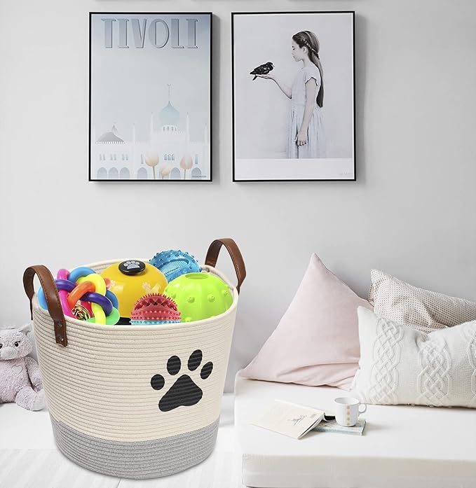 Cotton rope dog toy basket, puppy bins, laundry basket blanket storage bin - Perfect for organizing pet toys, blankets, leashes White Gray