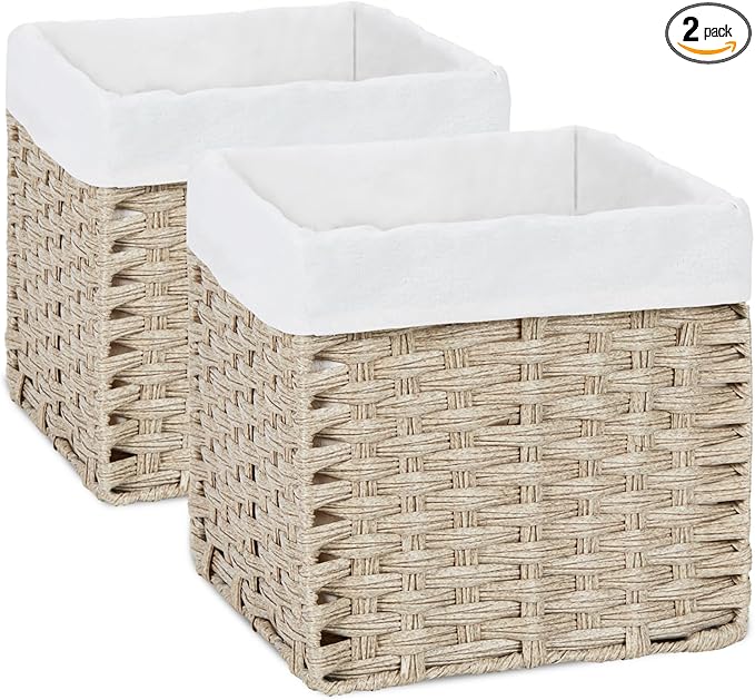 Bidtakay Wicker Baskets for Shelves Waterproof Imitation Wicker Cube Storage Bins with Liners for Organizing Closet Cabinet 2-Pack 11x11 inch Storage Cube Organizer for Pantry-Greyish Beige