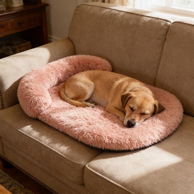 Calming Dog & Cat Beds for Small Medium Dogs Cats, Anti-Anxiety Plush Pets Lounge Couch Sofa Orthopedic Cushion, Soft Fluffy Faux Fur Washable, Fits up to 25 lbs Pets (Oval, Blush 26"x20")