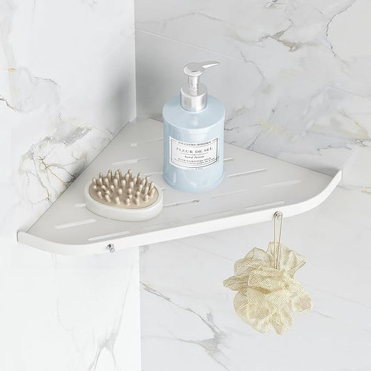 Bathroom Corner Shelf, 9" Shower Shelf Caddy, SUS304 Stainless Steel Shelf Wall Mount Corner Shelf with 2 Hooks, Matte White