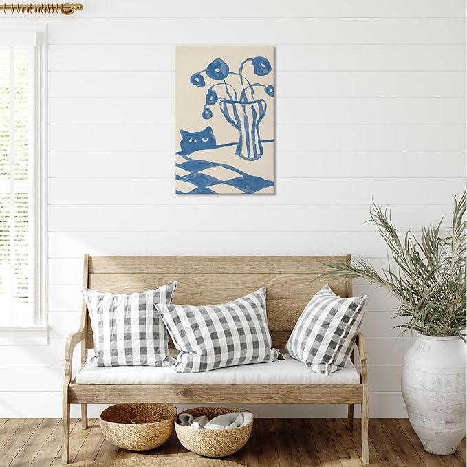 Funny Sneaky Cat Poster Scandi Animal Sketch Canvas Wall Art Blue Modern Abstract Flower Vase Aesthetic Prints Painting For Living Room Kitchen Dining Room Wall Decor 24x36in Wrapped Canvas