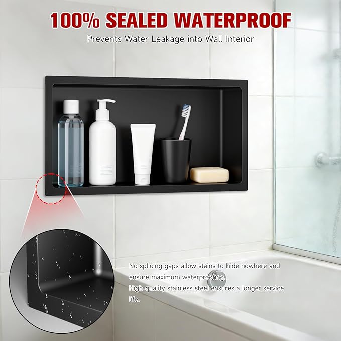No Tile Needed Shower Niche 12"X 24", Bathroom Wall Niche Single Shelf, Stainless Steel Shower Niche for Bathroom, Kitchens, Balconies